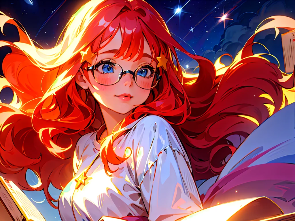 sky, star (sky), scenery, light blue sky, 1girl, solo, magical photography, ultra-detailed, 4k, Depth of field, High-resolution, , night, starry night sky, starts made of iridescent tears, best quality)), ((masterpiece)), (detailed), perfect face, 1girl, nakano itsuki, wide eyes, dreamy, whimsical, triad color pallette, pink water droplets, smiling, flat colouring, fluffy red hair, star hairclips, best quality, ultra high res, (photorealistic:1.4), blush, red lips, filme fotografia de stock ,4 Kodak Portra 400 ,camera f1.6 lentes,textura realista, dramatic lighting , cinestill 800, long wavy hair beautiful, masterpiece, best quality, anime disney style, stars, falling down, flying, floating among shooting stars and books, books, studying, eyeglasses, dynamic pose