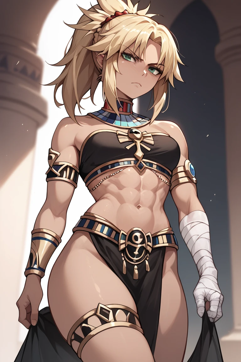 from behind, rear view, young blond boy, cute, wide hips, thighs, white pale skin, egyptians clothes, size difference, blush, shirtless, flat chest, pelvic curtain , crotch bulge, egypt background,