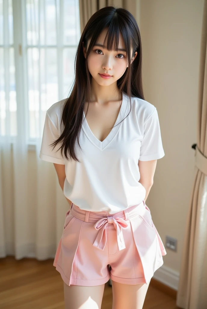 A cute girl is confined and 、Japanese、Inside the room、White under the blue skirt、Red short sleeve shirt、Sit with your feet together and forward、Beauty、