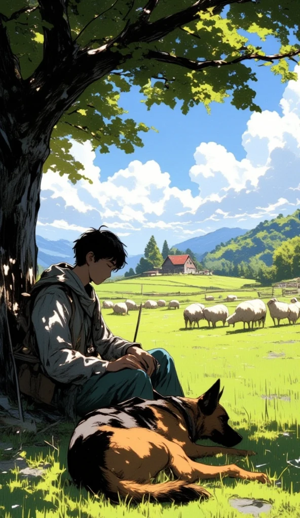 pastoral idyll. a shepherd boy is sleeping with his german shepherd under the shade of a tree. the herd of sheep is grazing grass far away in front of the shepherd. the color is vibrant and vivid.