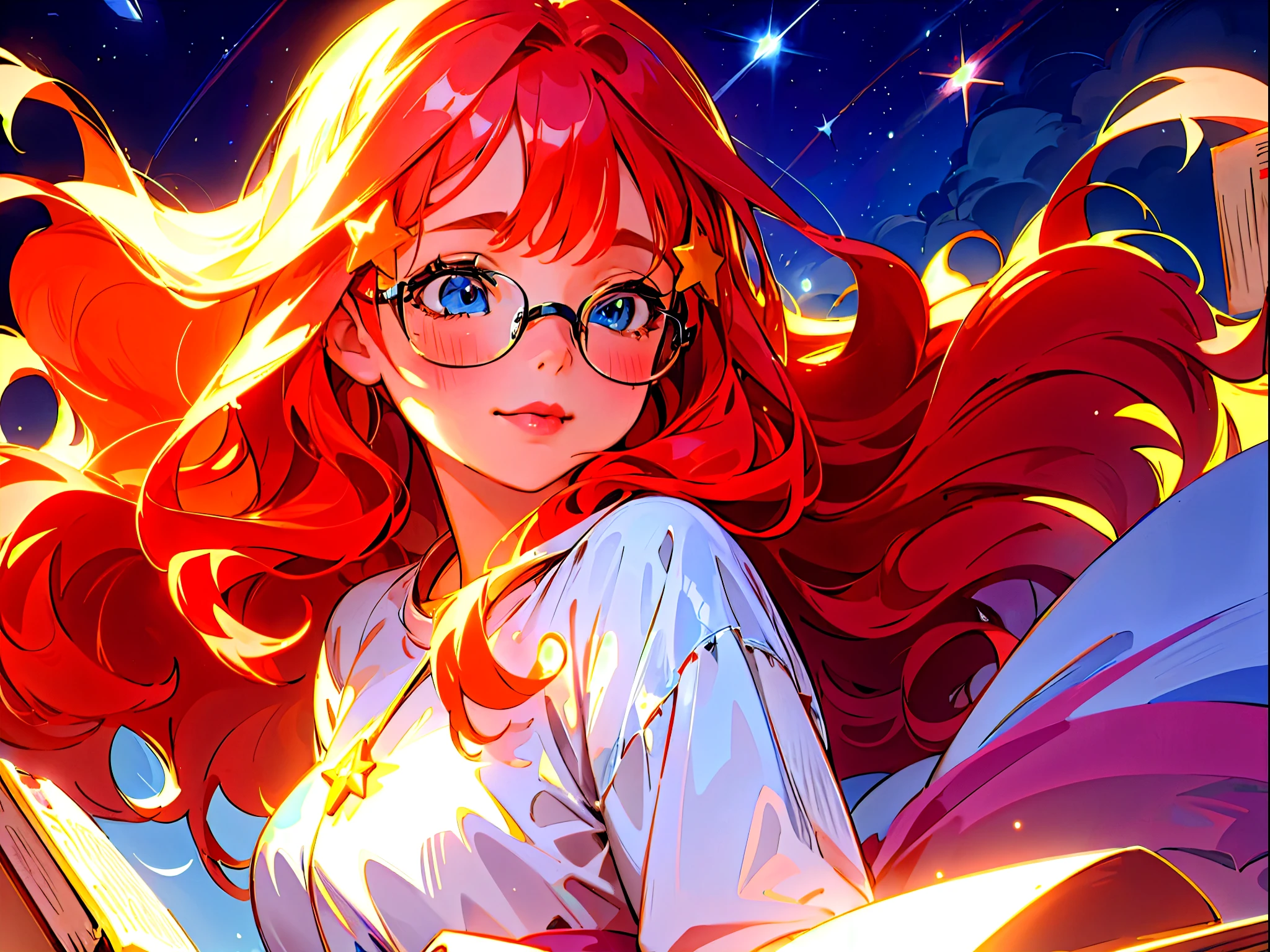 sky, star (sky), scenery, light blue sky, 1girl, solo, magical photography, ultra-detailed, 4k, Depth of field, High-resolution, , night, starry night sky, starts made of iridescent tears, best quality)), ((masterpiece)), (detailed), perfect face, 1girl, nakano itsuki, wide eyes, dreamy, whimsical, triad color pallette, pink water droplets, smiling, flat colouring, fluffy red hair, star hairclips, best quality, ultra high res, (photorealistic:1.4), blush, red lips, filme fotografia de stock ,4 Kodak Portra 400 ,camera f1.6 lentes,textura realista, dramatic lighting , cinestill 800, long wavy hair beautiful, masterpiece, best quality, anime disney style, stars, falling down, flying, floating among shooting stars and books, books, studying, eyeglasses, dynamic pose