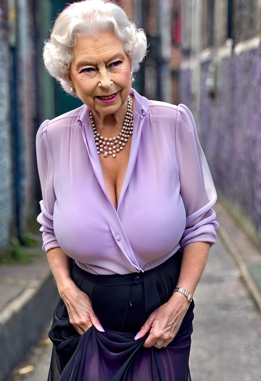 (gorgeous queen elizabeth 80yo walking:1.3), (urban street background), (huge saggy breast with spiked nipples:1.4), (look at viewer:1.4), (sensual expression:1.4), (chiffon open lilac shirt with a deep collar necklane:1.5), black skirt, lipsticks, Pearl Necklace