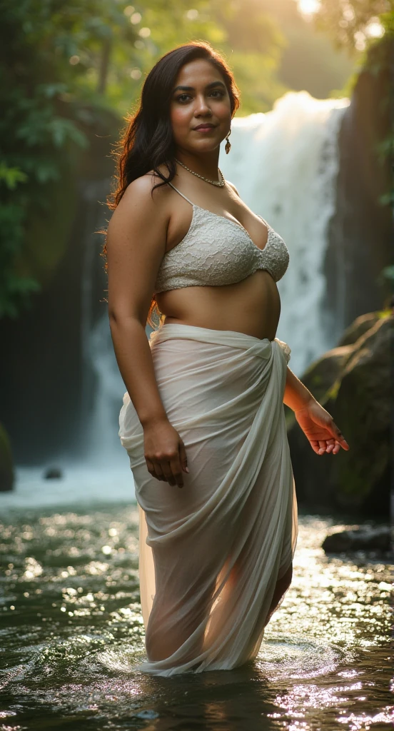 young thick ritu with mature saggy breasts, a thin wet white saree wrapped around her body, bathing in a beautiful waterfall in the rainforest at golden hour, cinematic soft focus,
