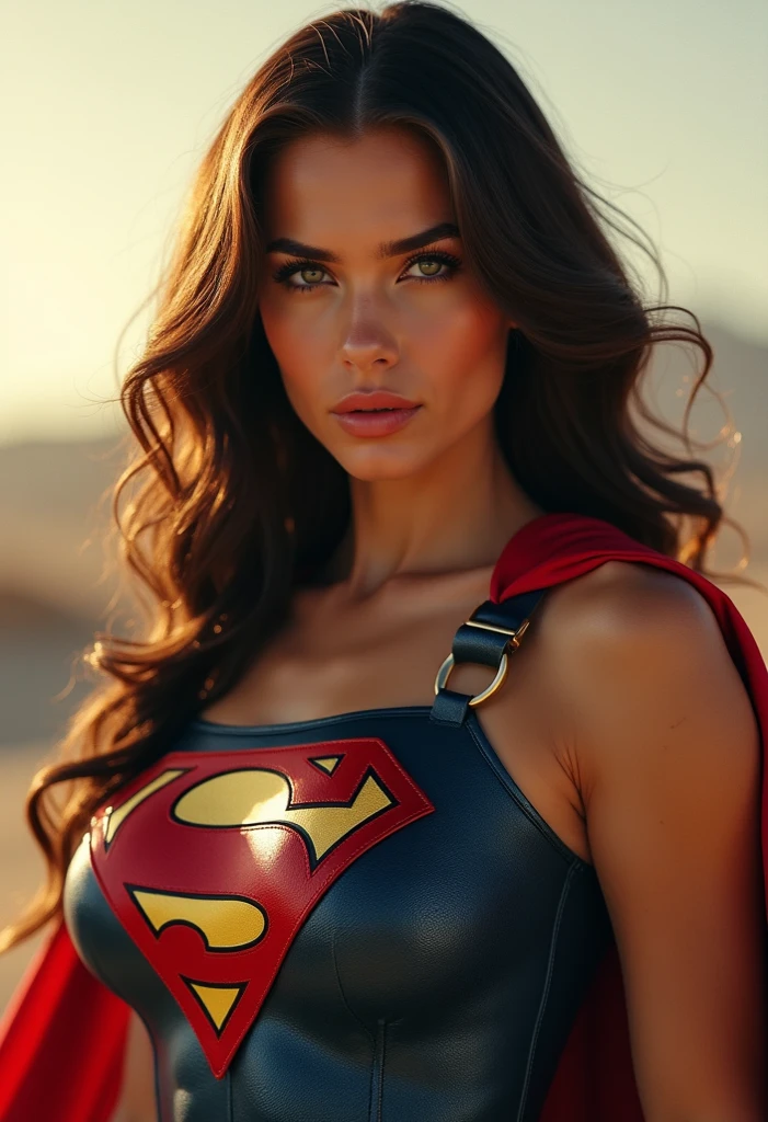 A MUSCULAR FEMALE, WITH LONG BLACK HAIR, BLUE EYES, WITH A SEXY BODY, WEARING A CLASSIC SUPERMAN COSTUME AND RED CAPE. ABSURD 8K RESOLUTION, INCREDIBLY DETAILED SKIN AND EYES