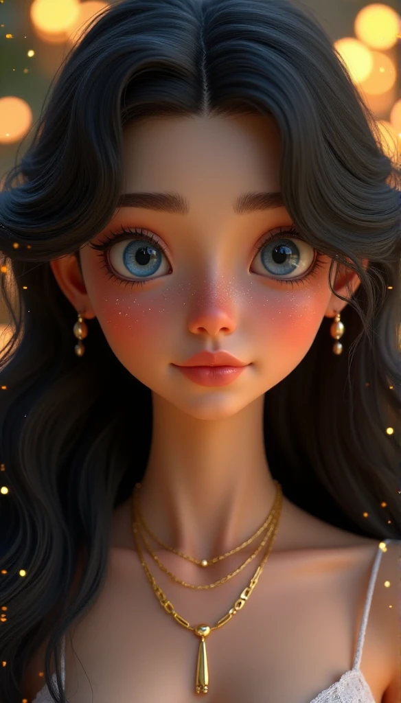 A stunning, 3d render of a female character, full body, soft lighting. She has long, wavy black hair with delicate strands framing her face, adorned with tiny glowing sparkles as if they were magical fireflies. Her large, expressive blue eyes have a glossy, captivating look with detailed reflections. Her skin is flawless and fair with a soft blush, and a small, subtle beauty mark on her nose. She wears elegant, minimalist gold jewelry, including earrings and a layered necklace. The background is blurred with warm golden bokeh lights, creating a dreamy atmosphere. The mood is enchanting, ethereal, and slightly whimsical. Ultra-high detail, 8K resolution, cinematic rendering