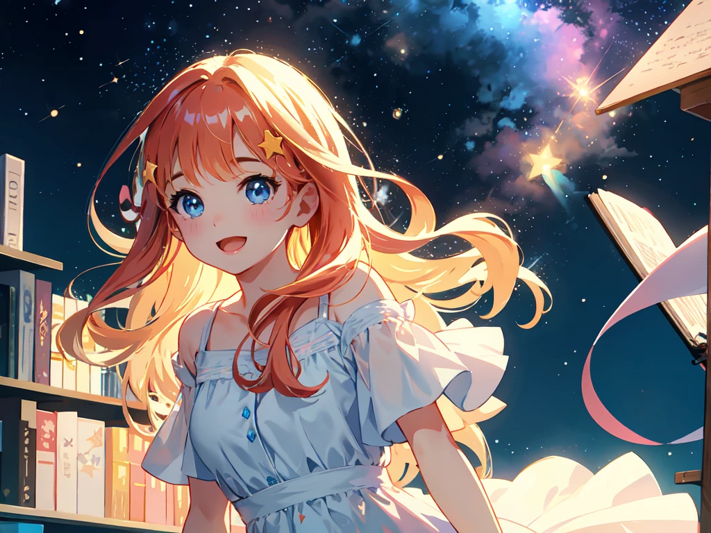 Full body, floating among stars, sky, star (sky), scenery, light blue sky, 1girl, solo, magical photography, ultra-detailed, 4k, Depth of field, High-resolution, , night, starry night sky, starts made of iridescent tears, best quality)), ((masterpiece)), (detailed), perfect face, 1girl, nakano itsuki, wide eyes, dreamy, whimsical, triad color pallette, pink water droplets, smiling, flat colouring, fluffy red hair, star hairclips, best quality, ultra high res, (photorealistic:1.4), blush, red lips, filme fotografia de stock ,4 Kodak Portra 400 ,camera f1.6 lentes,textura realista, dramatic lighting , cinestill 800, long wavy hair beautiful, masterpiece, best quality, anime disney style, stars, falling down, flying, floating among shooting stars and books, books, eyeglasses, dynamic pose, looking up