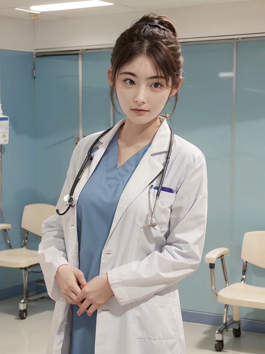  natural light,  1 girl,  ponytail、 wearing a white coat over a scrub ,  hospital exam room , Stethoscope,Upper body photo