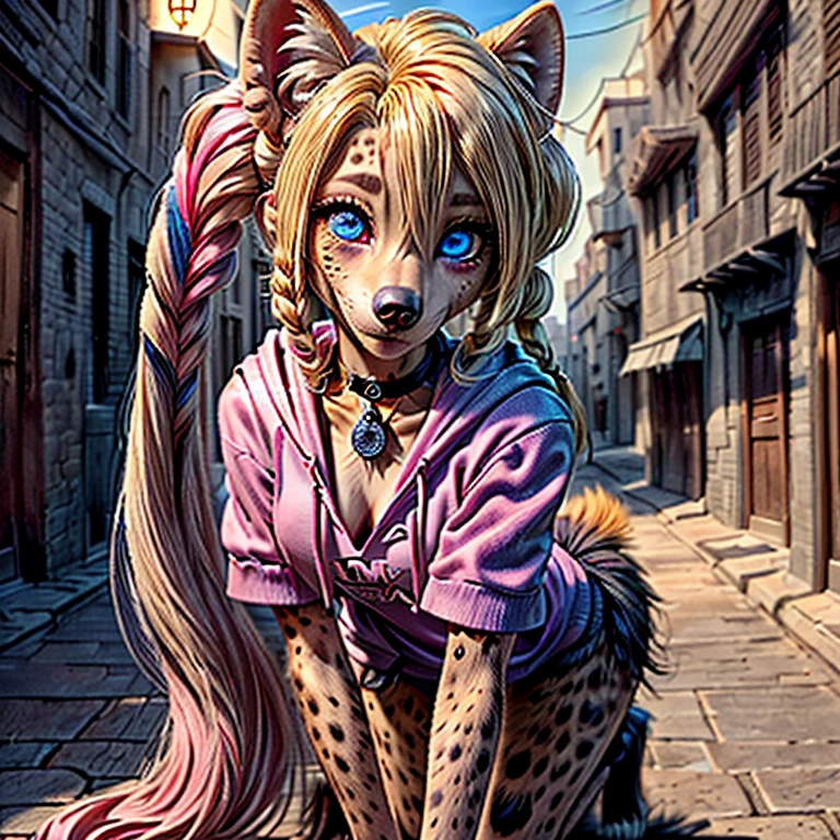 (detailed eyes:1.3), Beautiful Lighting, (1girl:blue eyes, blonde hair, long hair, hair intakes, twintails, blue and pink highlights, (hair between eyes:1.1)), photo realistic, (outdoors, alley:1.3), (hoodie:1.3), black choker, short sleeves, dynamic angle, (bottomless:1.2), Harley Quinn as an anthro hyena, (no hair:1.5), all fours,