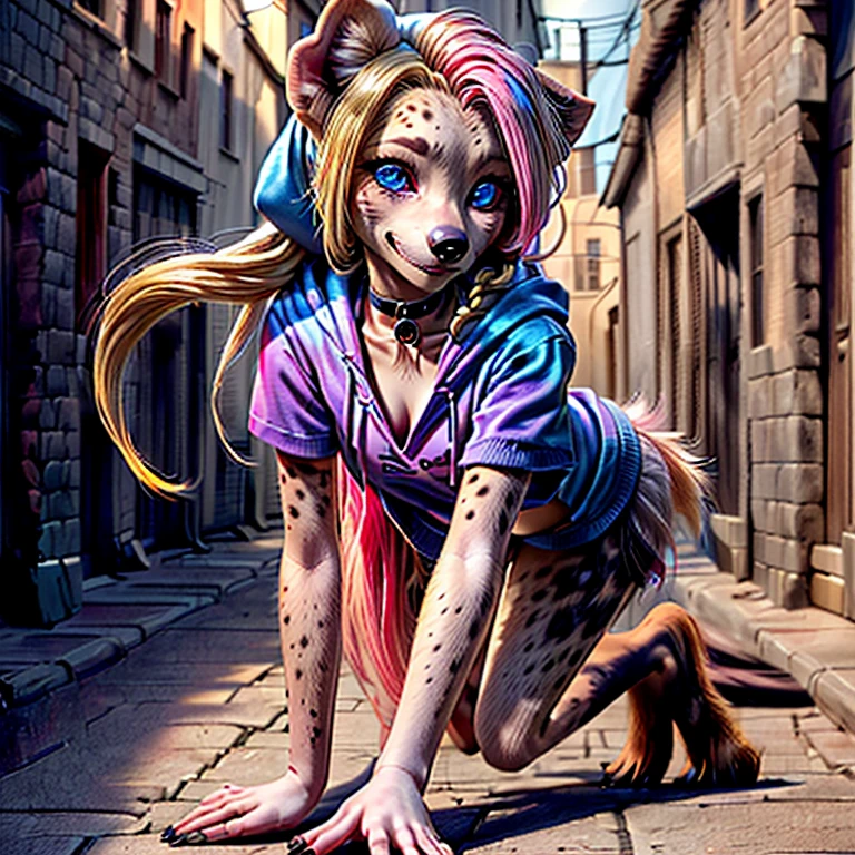 (detailed eyes:1.3), Beautiful Lighting, (1girl:blue eyes, blonde hair, long hair, hair intakes, twintails, blue and pink highlights, (hair between eyes:1.1)), photo realistic, (outdoors, alley:1.3), (hoodie:1.3), black choker, short sleeves, dynamic angle, (bottomless:1.2), Harley Quinn as an anthro hyena, (no hair:1.5), all fours,