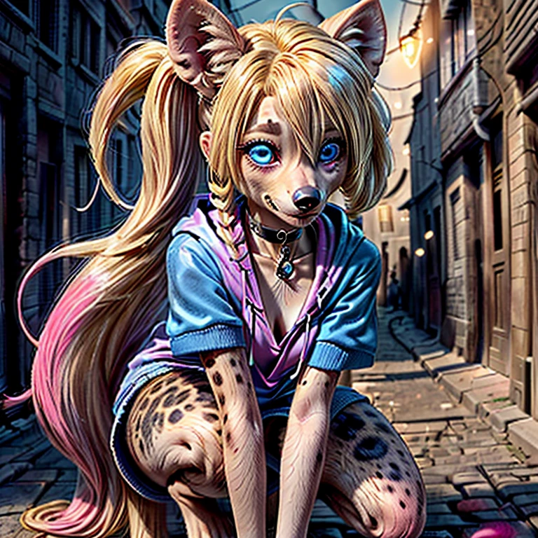 (detailed eyes:1.3), Beautiful Lighting, (1girl:blue eyes, blonde hair, long hair, hair intakes, twintails, blue and pink highlights, (hair between eyes:1.1)), photo realistic, (outdoors, alley:1.3), (hoodie:1.3), black choker, short sleeves, dynamic angle, (bottomless:1.2), Harley Quinn as an anthro hyena, (no hair:1.5), all fours,