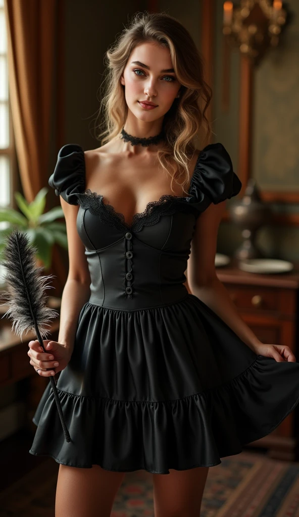 (masutepiece, Best Quality), ultra-detailliert, Photorealsitic, Beautiful woman with blonde hair, ((ruffle tiered gothic punk skirt)), Flounce Sleeves Flare Hem Mesh Tops, garter stocking, high-heels, a necklace, Wavy Hair, Perfect face, Beautiful face, enticing, big gorgeous eyes, I have my mouth wide open, Happy, heavy make up, Purple lips, Dark Eye Makeup, Green eyes, seducting smile, Glamorous body, Big ass, (Night Hall), Walking