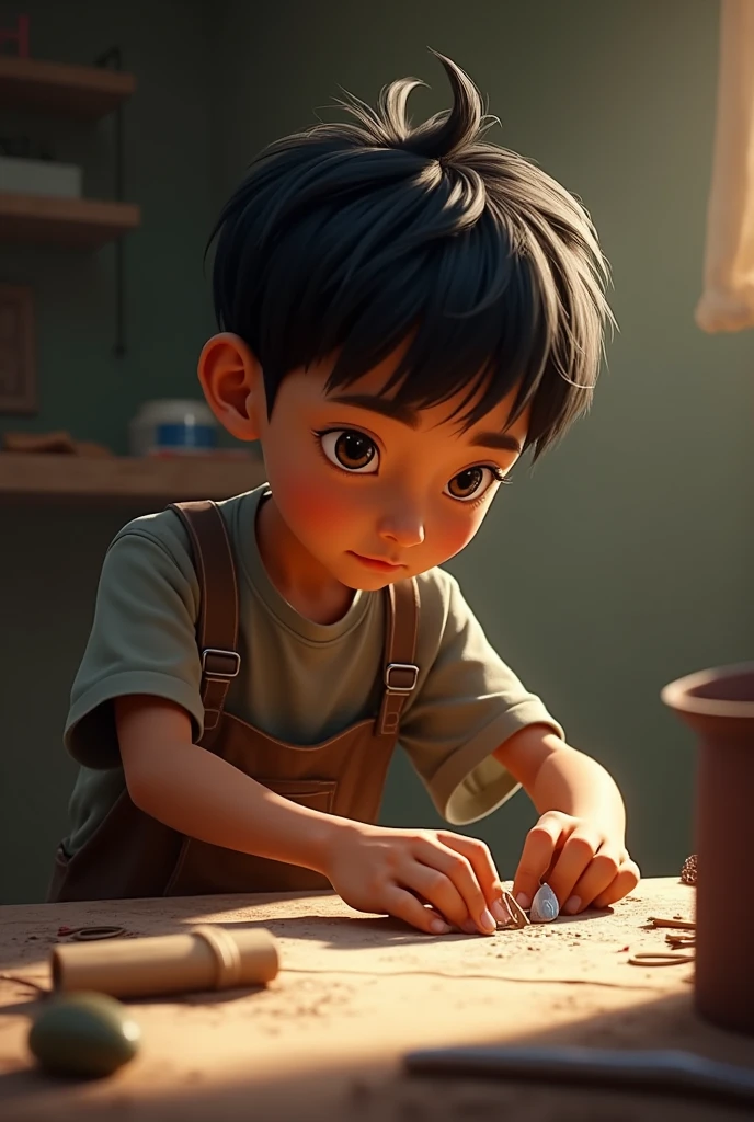 A boy around 10- with a mop of unruly hair, wearing a simple T-shirt and shorts. He has a determined expression, showing frustration when hammering the nails, but gradually his face reflects growth and understanding as he learns the lesson.