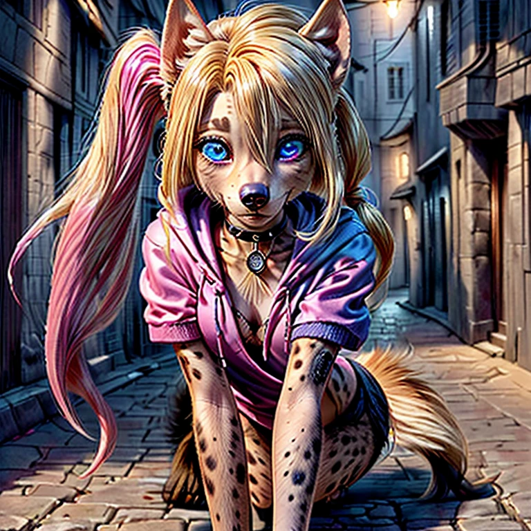 (detailed eyes:1.3), Beautiful Lighting, (1girl:blue eyes, blonde hair, long hair, hair intakes, twintails, blue and pink highlights, (hair between eyes:1.1)), photo realistic, (outdoors, alley:1.3), (hoodie:1.3), black choker, short sleeves, dynamic angle, (bottomless:1.2), Harley Quinn becoming an anthro hyena, (no hair:1.5), all fours,