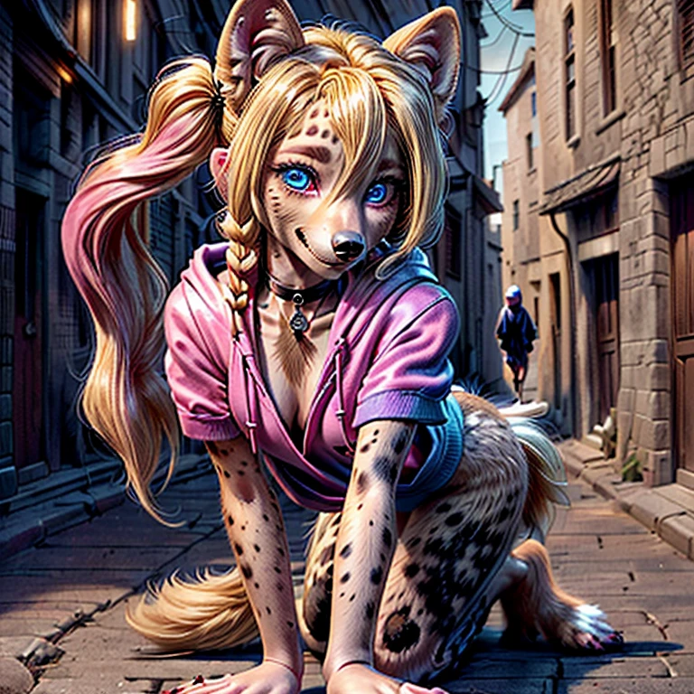 (detailed eyes:1.3), Beautiful Lighting, (1girl:blue eyes, blonde hair, long hair, hair intakes, twintails, blue and pink highlights, (hair between eyes:1.1)), photo realistic, (outdoors, alley:1.3), (hoodie:1.3), black choker, short sleeves, dynamic angle, (bottomless:1.2), Harley Quinn becoming an anthro hyena, (no hair:1.5), all fours,