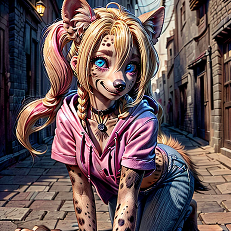 (detailed eyes:1.3), Beautiful Lighting, (1girl:blue eyes, blonde hair, long hair, hair intakes, twintails, blue and pink highlights, (hair between eyes:1.1)), photo realistic, (outdoors, alley:1.3), (hoodie:1.3), black choker, short sleeves, dynamic angle, (bottomless:1.2), Harley Quinn becoming an anthro hyena, (no hair:1.5), all fours,