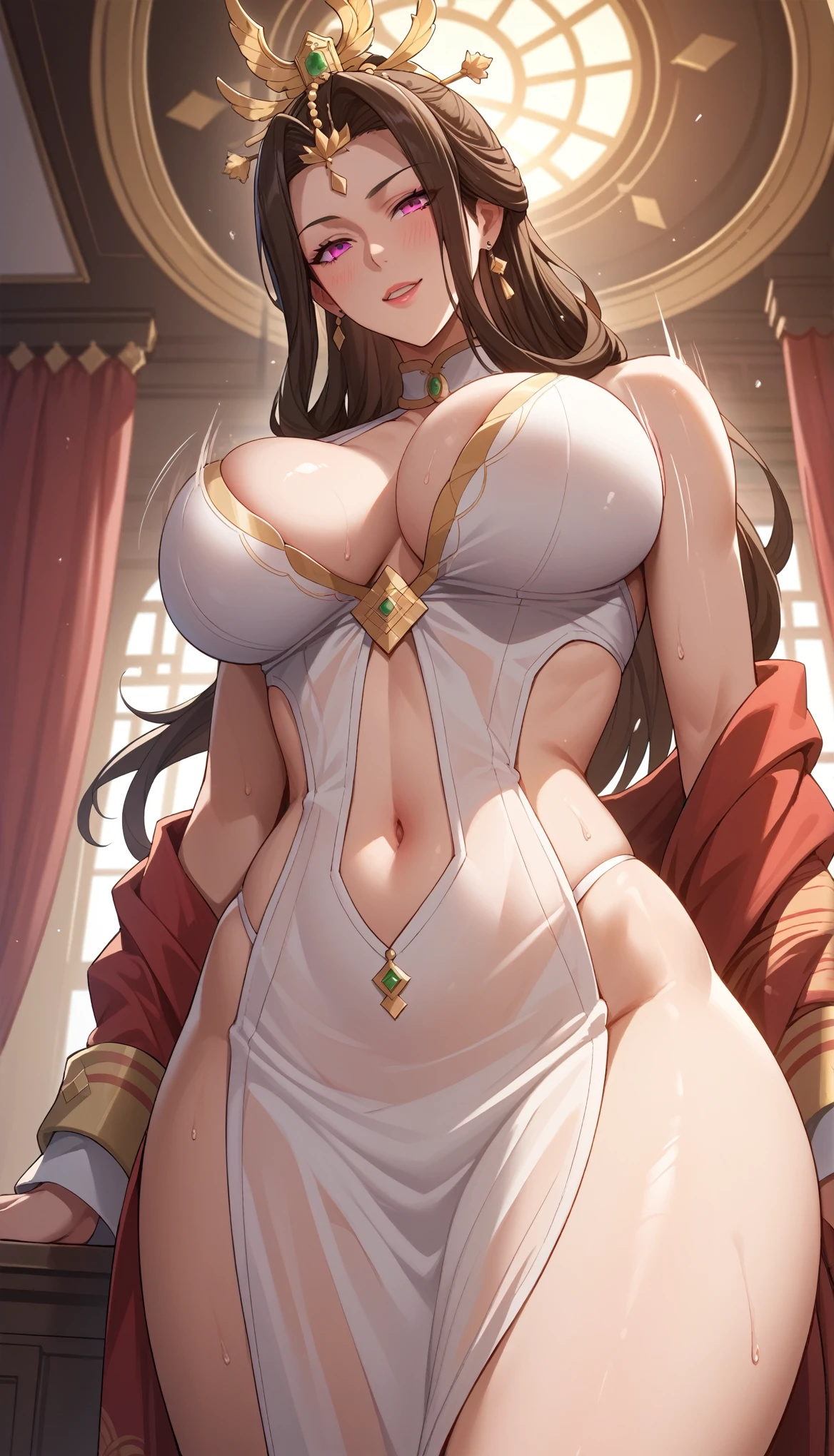 ((masterpiece)), Highest quality, Very detailed, master piece, best quality, score_9, score_8_up, score_7_up, score_6_up,source_anime, semi-realistic,highres,high quality,detailed,indoors, 1girl, big breasts,long hair,pink eyes,, cleavage,navel,royal,rich,jewelry,hair ornament, nsfw,bouncing breasts, unaligned breasts, motion blur, motion lines,, Score_9, Score_8_up, Score_7_up, Score_6_up, Score_5_up, Score_4_up, Source_anime, Tag1, Tag2, Best quality, High quality, Detailed, High resolution, 8k, Ultra high res, Soft saturation, Professional quality, Perfect contrast, Perfect lighting, Anatomically correct, Huge breasted, Wide hips, Gargantuan butt, Sensual woman, mature female, milf, motherly, seductive BREAK Face focus, standing, slutty face, showing breasts, opening dress, undressing, sexy revealing, low angle, wet, Transparent clothes,