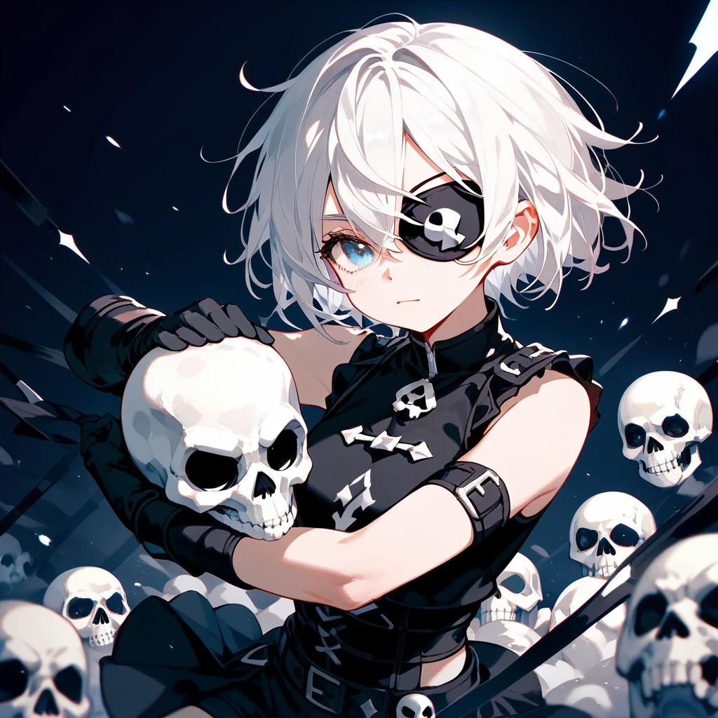  ,White hair,Short hair, eyes patch, in blue eyes, Medium Chest,Dark circles under the eyes,cute,Wearing black gloves ,Sleeveless shirt,White skull on the shoulder, Black Short Skirt , black shorts