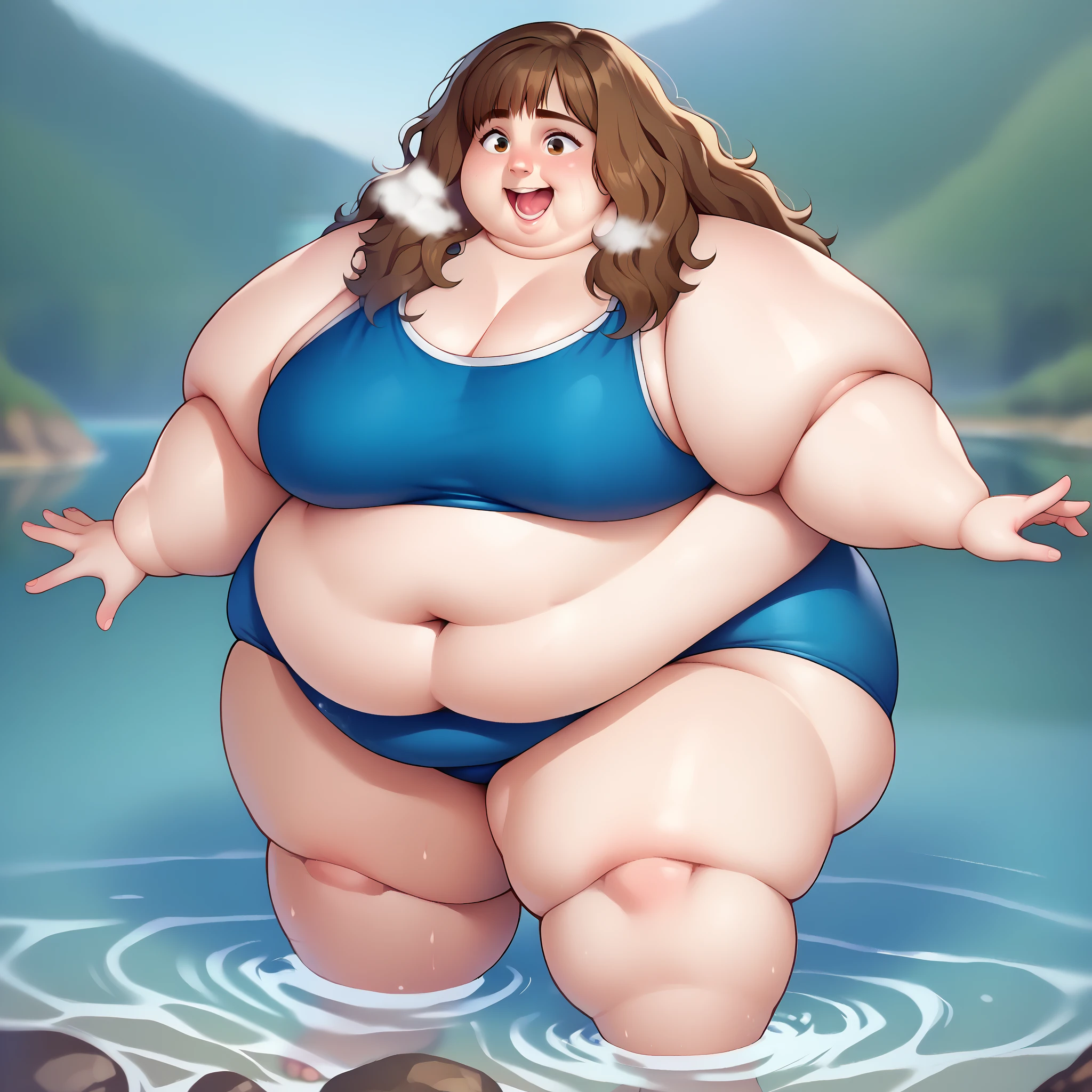 score_8_up, BREAK, HERMIONEGRANGER, 1girl, solo,  brown hair, long hair, brown eyes, river, swimsuit,  depth of field,   fat, chubby, obese, gigantic arms and legs, large breasts open mouth, out of breath, full body shot, smile 
