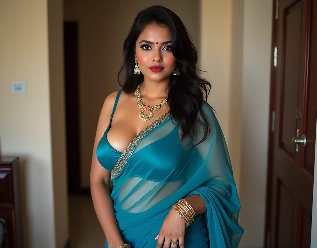 Beautiful wife wearing a wet saree, moaning, showing her curves , h cup bra, bedroom