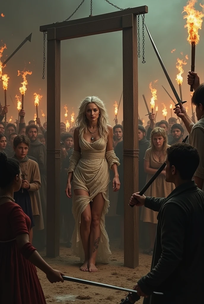 Lady Seraphina d’Aurelis, her gown torn and tattered, is ed by rough mercenaries into the presence of Grim Havel. Her once-proud appearance is now marred by dirt, blood,heavy iron chains that dig into her wrists. As she is brought before Grim Havel, the ruthless commander of the Iron Talons, his gaze falls upon her with dark, malevolent intent. Seraphina, despite her dire situation, stands with as much dignity as she can muster, her deep green eyes filled with defiance and fear. The room is tense, shadowed by the grim atmosphere of the war-torn surroundings, as Grim Havel considers her with a cruel smirk, his intentions clear but unspoken.