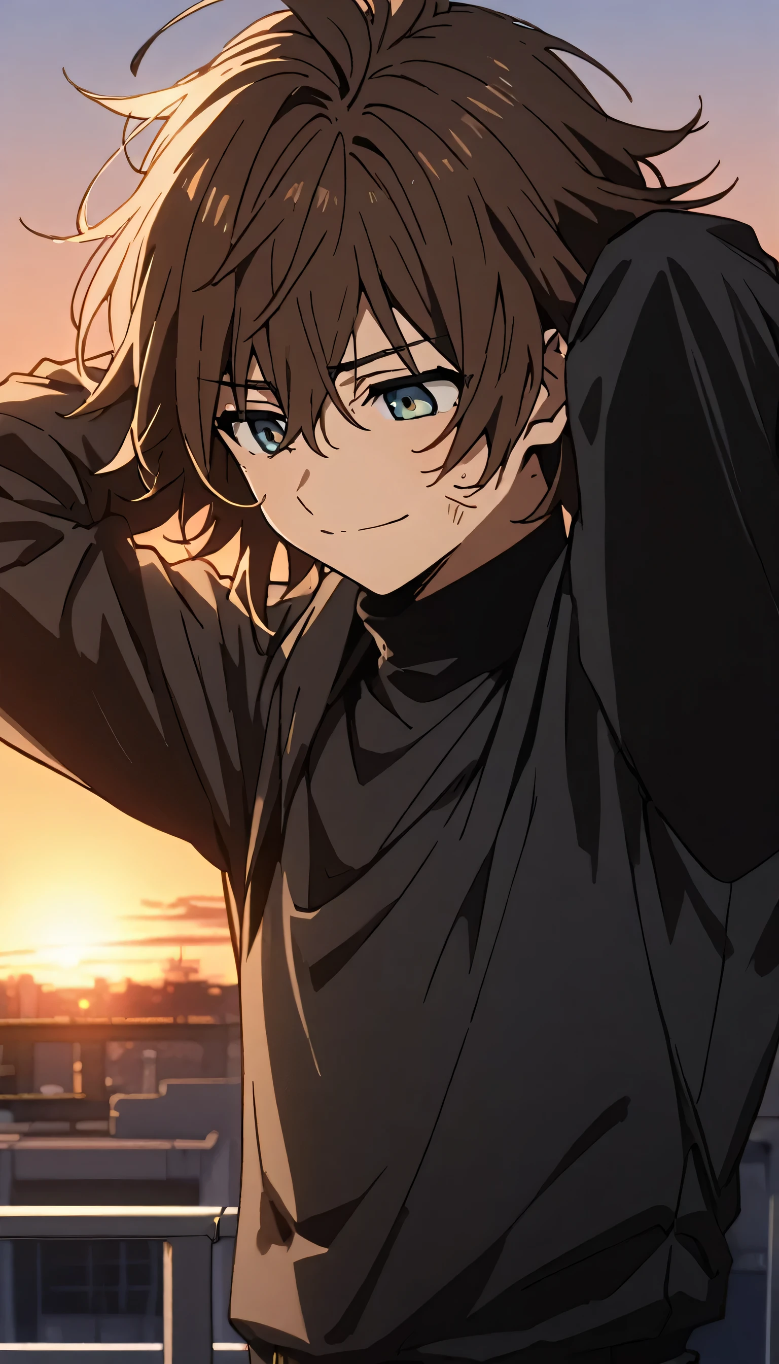 A man brown messy medium lenght hair, black hoodie (black turtleneck under uniform), at rooftop with sunset behind, hands behind head, blue-grayed eyes, closed smile on face, high quality face