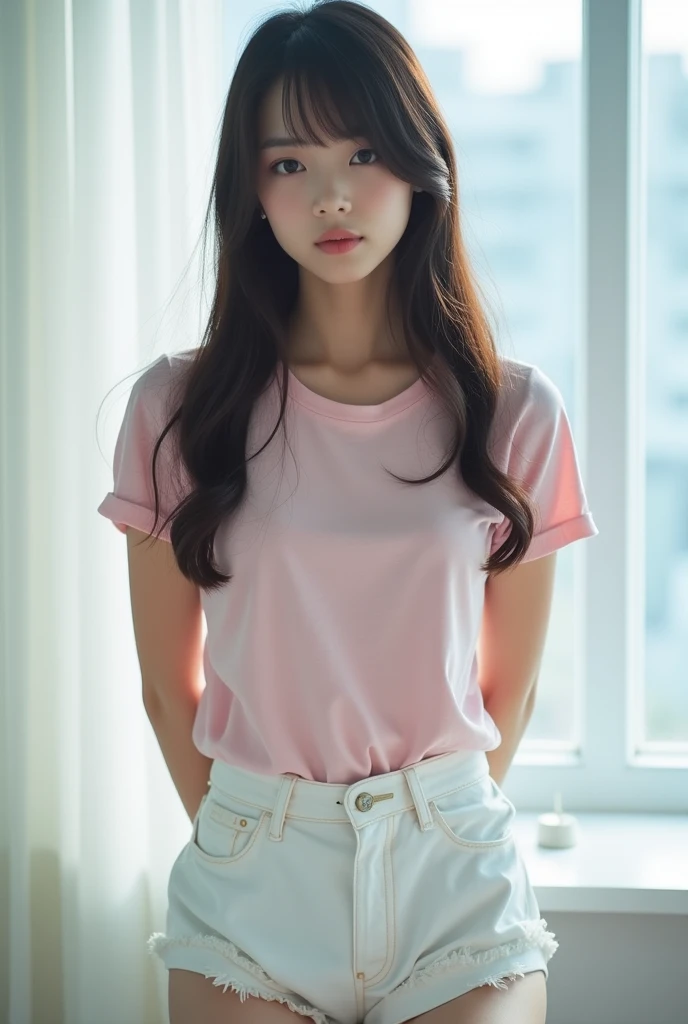 white skirt,kindergarten uniform,pink shirt, ((cowboy shot)), masterpiece, best quality, beautiful woman sitting, elegant pose, diagonal composition, long legs, body leaning back, golden long hair, soft colors, fair skin, gentle smile, sunny room, soft sunlight, delicate shadows, harmonious, intricate details, photorealistic, highly detailed, cinematic lighting