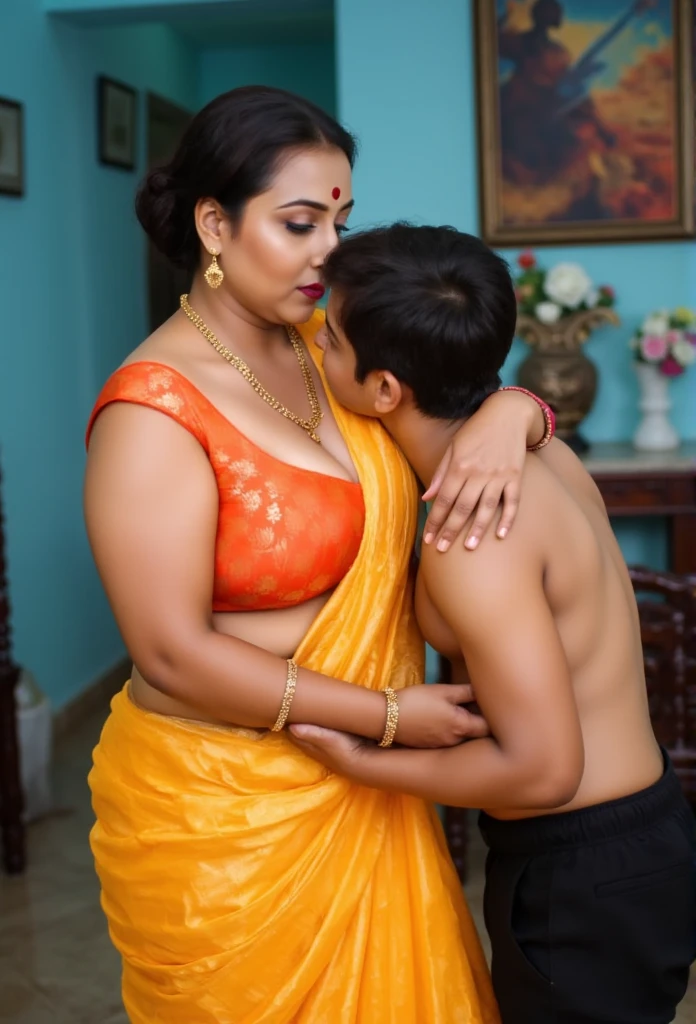 The image is a high-resolution photograph featuring an intimate, indoor scene with two people. The subject is a middle-aged woman of 35 years old , likely of Indian descent, with a medium skin tone, and a well-defined facial structure. She is dressed in traditional Indian attire, wearing a orange shiny silk sleevless deep low neck bra and a glossy reflective yellow lengha.with figure of 38DD--36--36 

Her hair is neatly pulled back into a low bun. She accessorizes with simple gold jewelry, including a gold necklace and matching earrings. Her expression is sexy and biting lips, seducing expression, looking towards a young boy stading on her side.women hugging boy and boy kissing on her neck and chest,

The man wearing a black shorts only,The background reveals a domestic interior with light blue walls, a piece of furniture with a colorful abstract painting hanging on it, and a hint of other household objects, suggesting a warm and lived-in space. The lighting is soft, enhancing the emotional intensity of the moment captured.full length image,side view only,