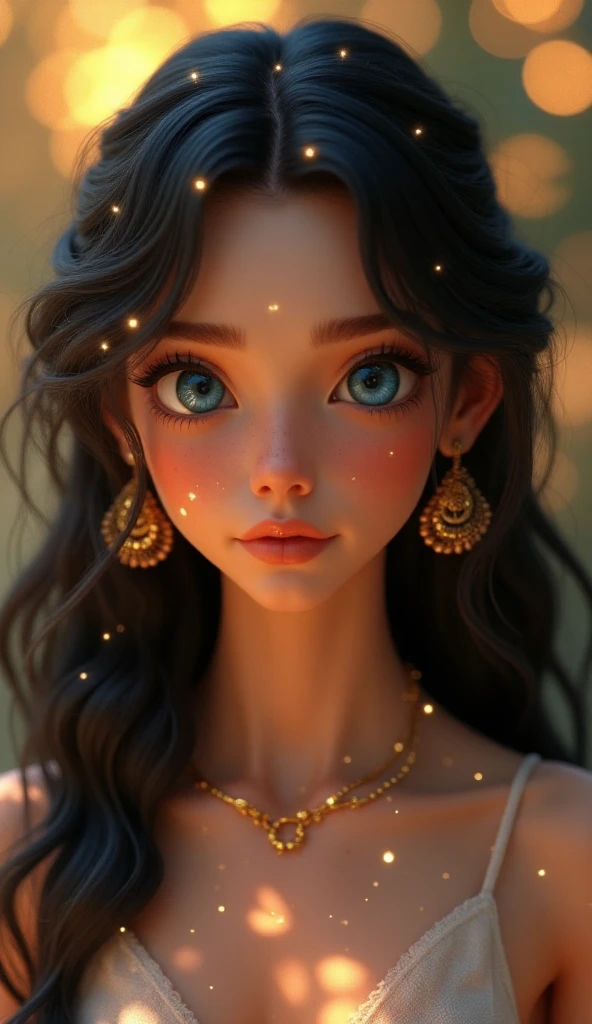 A stunning, 3d render of a female character, full body, soft lighting. She has long, wavy black hair with delicate strands framing her face, adorned with tiny glowing sparkles as if they were magical fireflies. Her large, expressive blue eyes have a glossy, captivating look with detailed reflections. Her skin is flawless and fair with a soft blush, and a small, subtle beauty mark on her nose. She wears elegant, minimalist gold jewelry, including earrings and a layered necklace. The background is blurred with warm golden bokeh lights, creating a dreamy atmosphere. The mood is enchanting, ethereal, and slightly whimsical. Ultra-high detail, 8K resolution, cinematic rendering