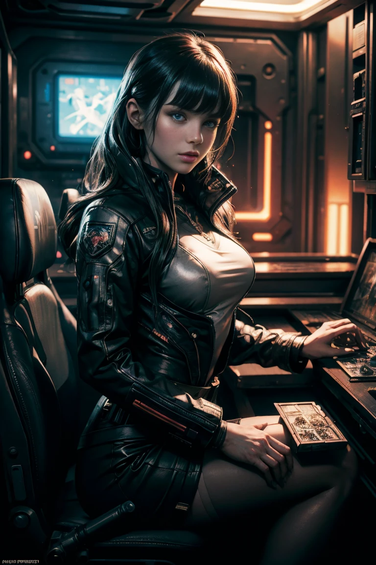 original photo, (best quality:1.3), high resolution, (masterpiece), (lifelike:1.4), Professional photography, Be focused, High Dynamic Range, 8k resolution, Intricate details, Fine details, Depth of Field, Extremely detailed CG unified 8k wallpaper, masterpiece,poster,best quality,Official Art,(Beauty and aesthetics:1.2),(masterpiece:1.3),woman,Single breast,Complex Mode,winter,Cyberpunk style city,semi-body photography,