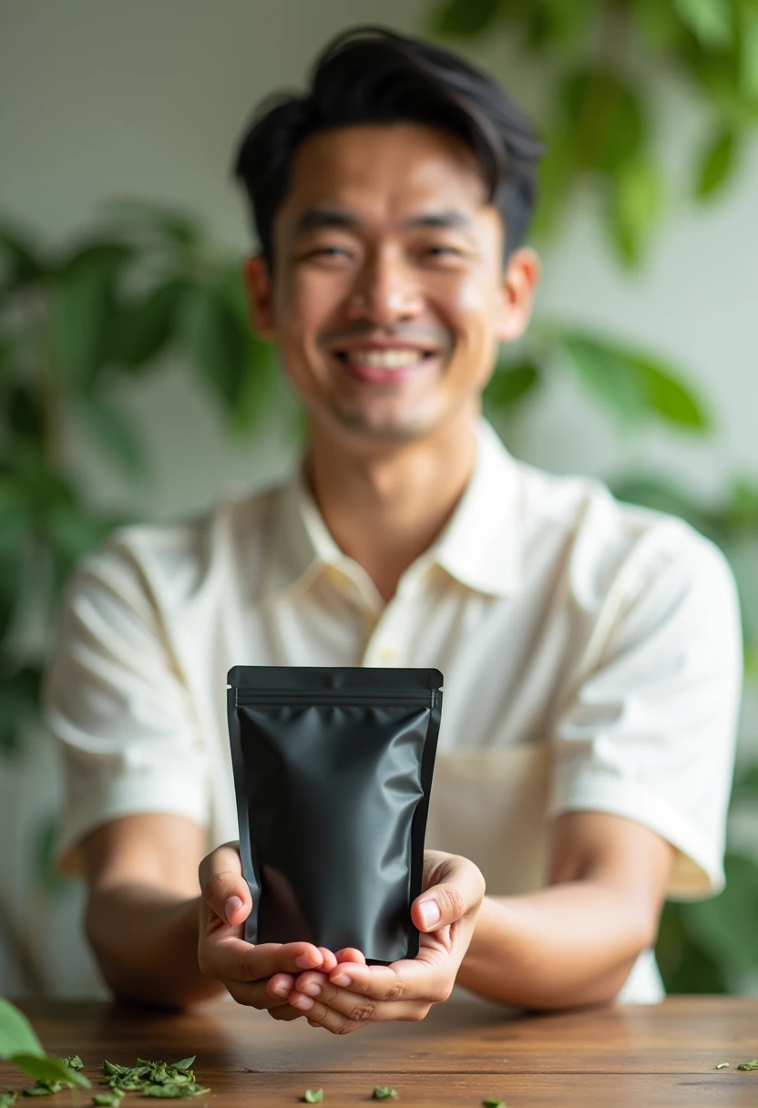 "Create a photorealistic mockup of a smart Thai man holding a smaller matte black ziplock stand-up tea pouch. The pouch should be about the size of his hand, appearing compact and portable. The man has a gentle smile and wears a casual white outfit, such as a light white shirt, to match the brand's natural and organic aesthetic. The tea pouch is plain, with no text or label, and appears eco-friendly. The background is a serene tea plantation with soft, natural lighting, giving a fresh and calming atmosphere. Add subtle details like a wooden table edge or scattered tea leaves in the foreground to enhance the branding's natural vibe. Ensure the focus is balanced between the model and the smaller pouch, with realistic hand positioning and light reflections on the pouch."


