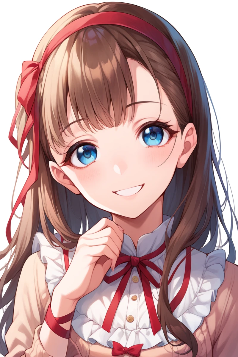 Sakuma Eyebrows,  1 girl,  blue eyes,  headband,  is watching viewers,  red ribbon, frills, smile,  yandere, ( score_9, score_8_up, score_7_up, score_6_up, score_5_up, score_4_up), brown hair