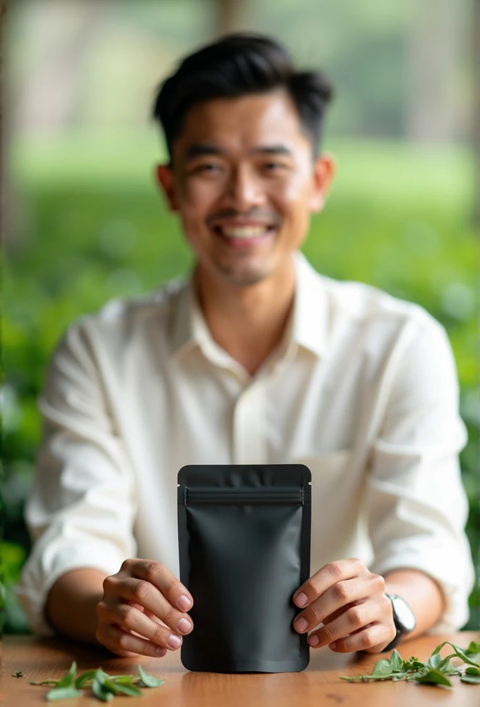 "Create a photorealistic mockup of a smart Thai man holding a smaller matte black ziplock stand-up tea pouch. The pouch should be about the size of his hand, appearing compact and portable. The man has a gentle smile and wears a casual white outfit, such as a light white shirt, to match the brand's natural and organic aesthetic. The tea pouch is plain, with no text or label, and appears eco-friendly. The background is a serene tea plantation with soft, natural lighting, giving a fresh and calming atmosphere. Add subtle details like a wooden table edge or scattered tea leaves in the foreground to enhance the branding's natural vibe. Ensure the focus is balanced between the model and the smaller pouch, with realistic hand positioning and light reflections on the pouch."


