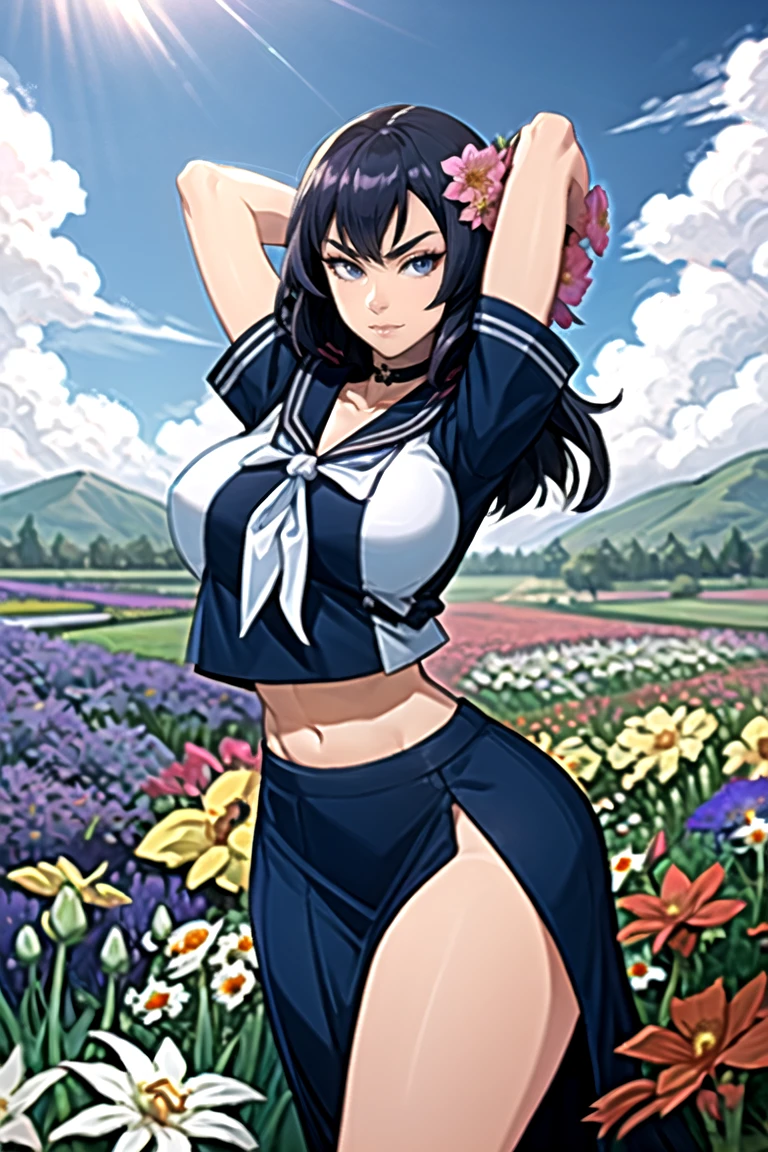 1girl, (solo:1.2), curvy, (masterpiece:1.2), (best quality:1.2), (perfect anatomy:1.4), (interacting with the viewer while facing him in a dynamic pose in motion), (arms behind back:1.3), cute, closed mouth, (large breasts:1.4), (cowboy shot:1.4), sinensian, (soft shading:1.2), hmmr1, minamoto no raikou (fate), low-tied long hair, school uniform, black serafuku, black shirt, crop top, collarbone, neckerchief, midriff, long skirt, choker, side slit, sailor collar, (field of flowers scenery:1.4), midday, outside, lavish nature