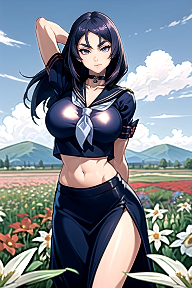 1girl, (solo:1.2), curvy, (masterpiece:1.2), (best quality:1.2), (perfect anatomy:1.4), (interacting with the viewer while facing him in a dynamic pose in motion), (arms behind back:1.3), cute, closed mouth, (large breasts:1.4), (cowboy shot:1.4), sinensian, (soft shading:1.2), hmmr1, minamoto no raikou (fate), low-tied long hair, school uniform, black serafuku, black shirt, crop top, collarbone, neckerchief, midriff, long skirt, choker, side slit, sailor collar, (field of flowers scenery:1.4), midday, outside, lavish nature