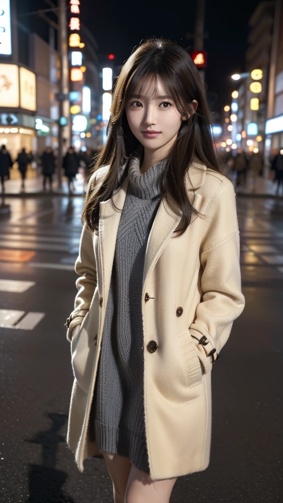 Beautiful Japanese Woman 、1 person,Very clean and slim 、 good style  、Ultra HD、 very delicate face , Skin and hair、Shortcuts、 Lay Your Hair , light brown hair 、((Burberry coat x knit dress )), knee-length boots 、 Cover your chest with your arms 、Shibuya Ward 、8k image、 Very cute Japanese expressionless face、 slim、Medium chest、 My eyes and nose are clearly visible 、Kind eyes、laugh,  Early winter landscape with lots of fallen leaves