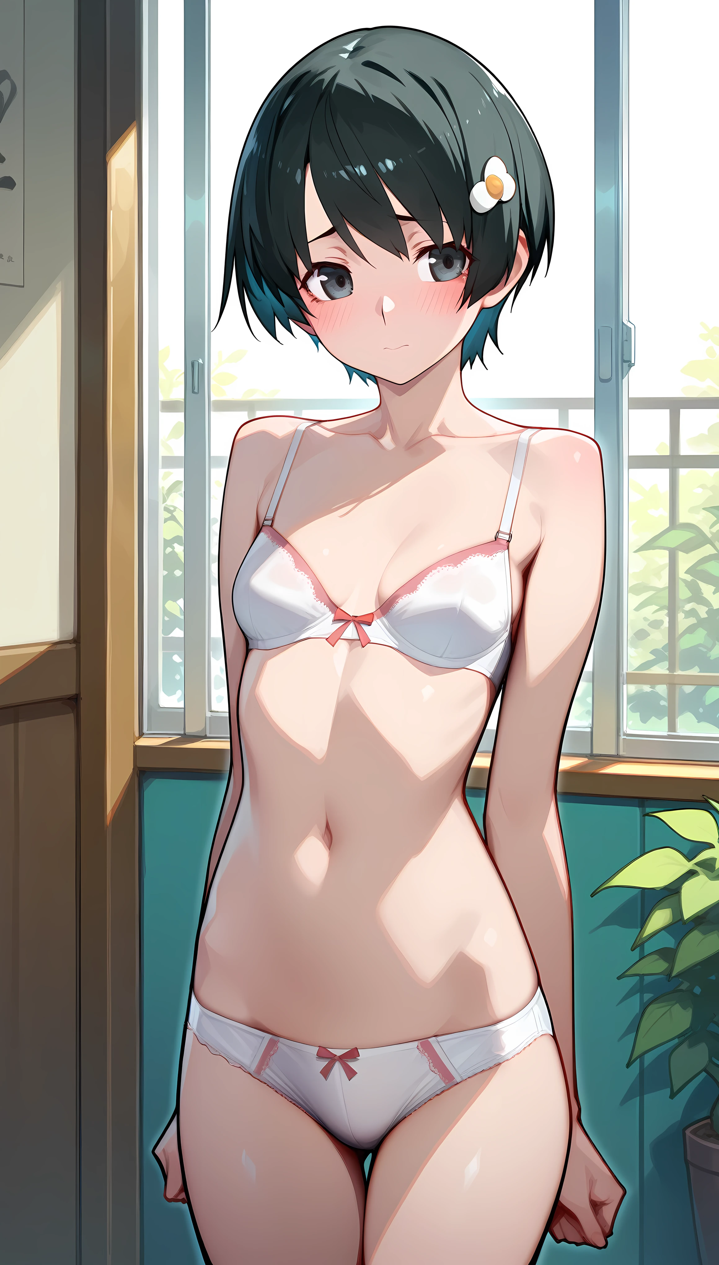 Naked, no panties, embarrassing, feeling, ahegao, detailed face, feeling, sweat, small breasts, cute, armpits (Raise your arms wide:1.2)  Black hair, black eyes, short hair, quiet, poolside, with back to wall, bust-up with focus on face  (splash water on your chest:1.4)  Wet nipples