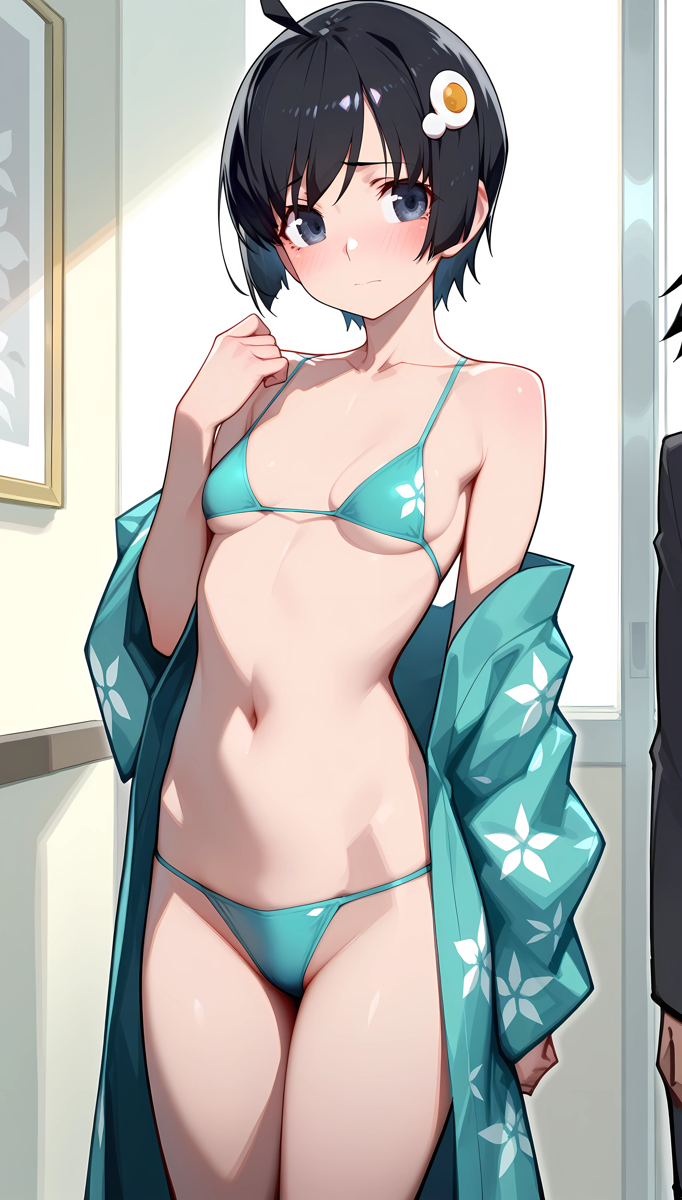 1girl,1boy,,tanned body,short hair,my room,bikini,looking viewer,,handsome,f,standing,bob hair