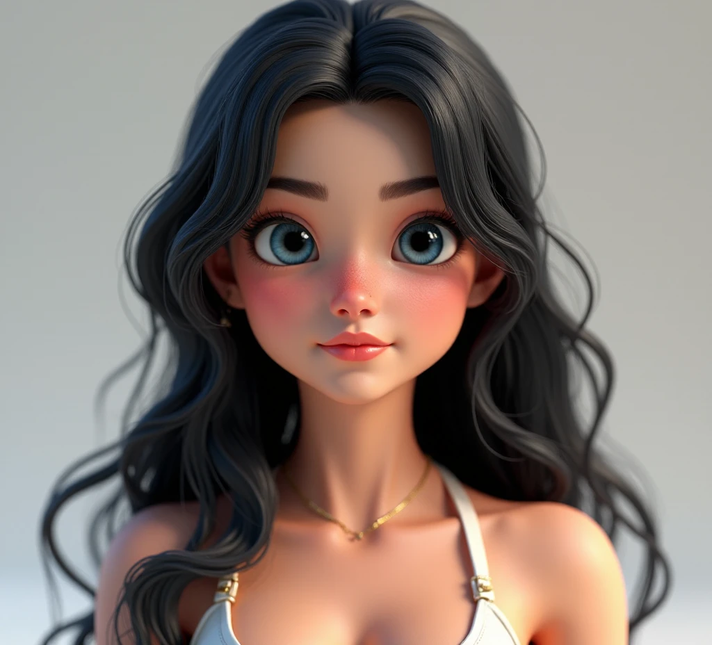 A stunning, 3d render of a female character, full body, soft lighting. She has long, wavy black hair with delicate strands framing her face. Her large, expressive blue eyes have a glossy, captivating look with detailed reflections. Her skin is flawless and fair with a soft blush, and a small, subtle beauty mark on her nose. whe's wearing a mini skirt, a mini top, sandals. Ultra-high detail, 8K resolution, cinematic rendering