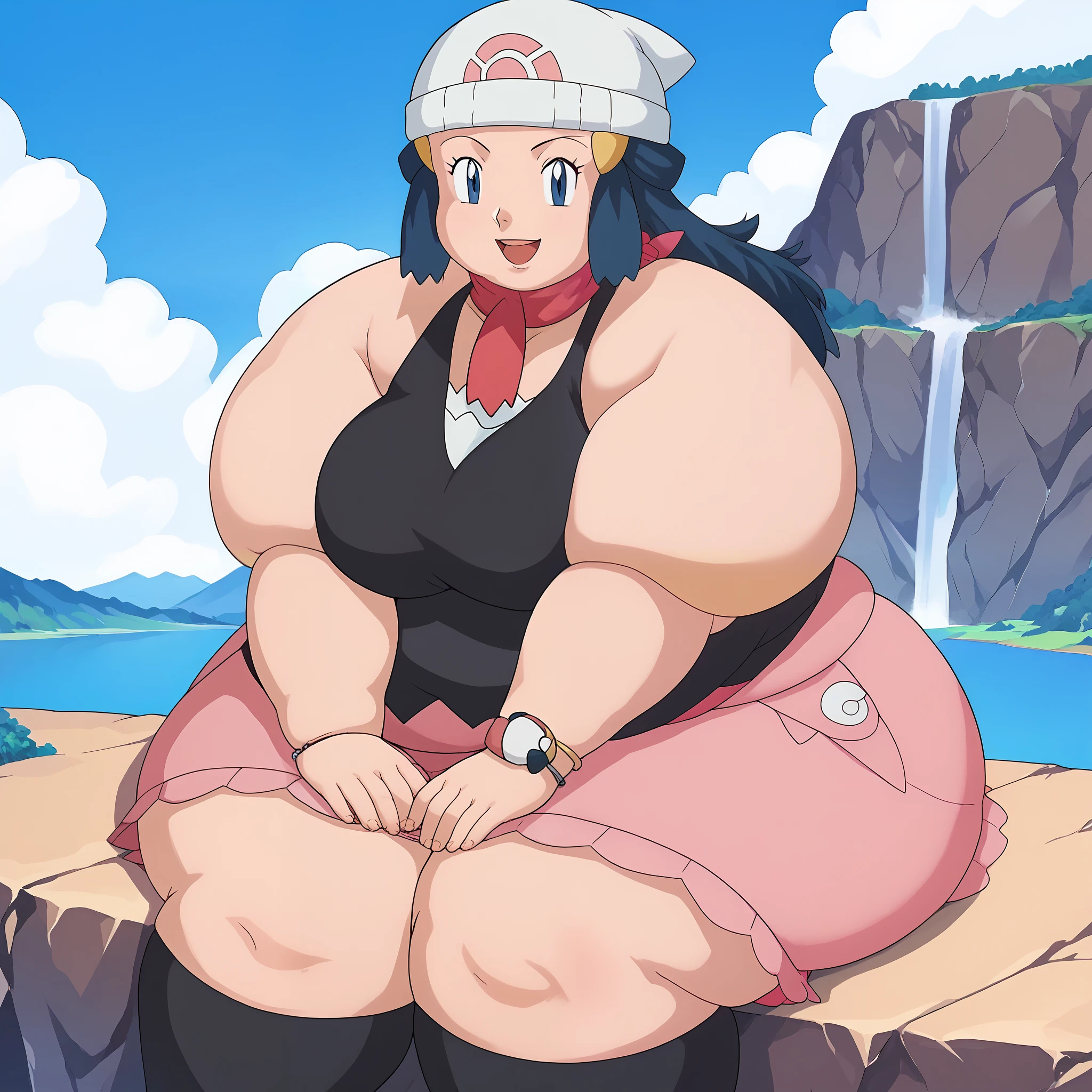 score_9, score_8_up, score_7_up, source_anime, pokemondawn, pokemon dawn, black hair, blue eyes, sidelocks, long hair,, bare shoulders, beanie, black shirt, black socks, bracelet, hat, jewelry, kneehighs, miniskirt, pink skirt, red scarf, scarf, shirt, skirt, sleeveless, sleeveless shirt, white headwear,, landscape, , smile, looking at viewer, solo, fat, chubby, obese, gigantic arms and legs, large breasts open mouth, sitting