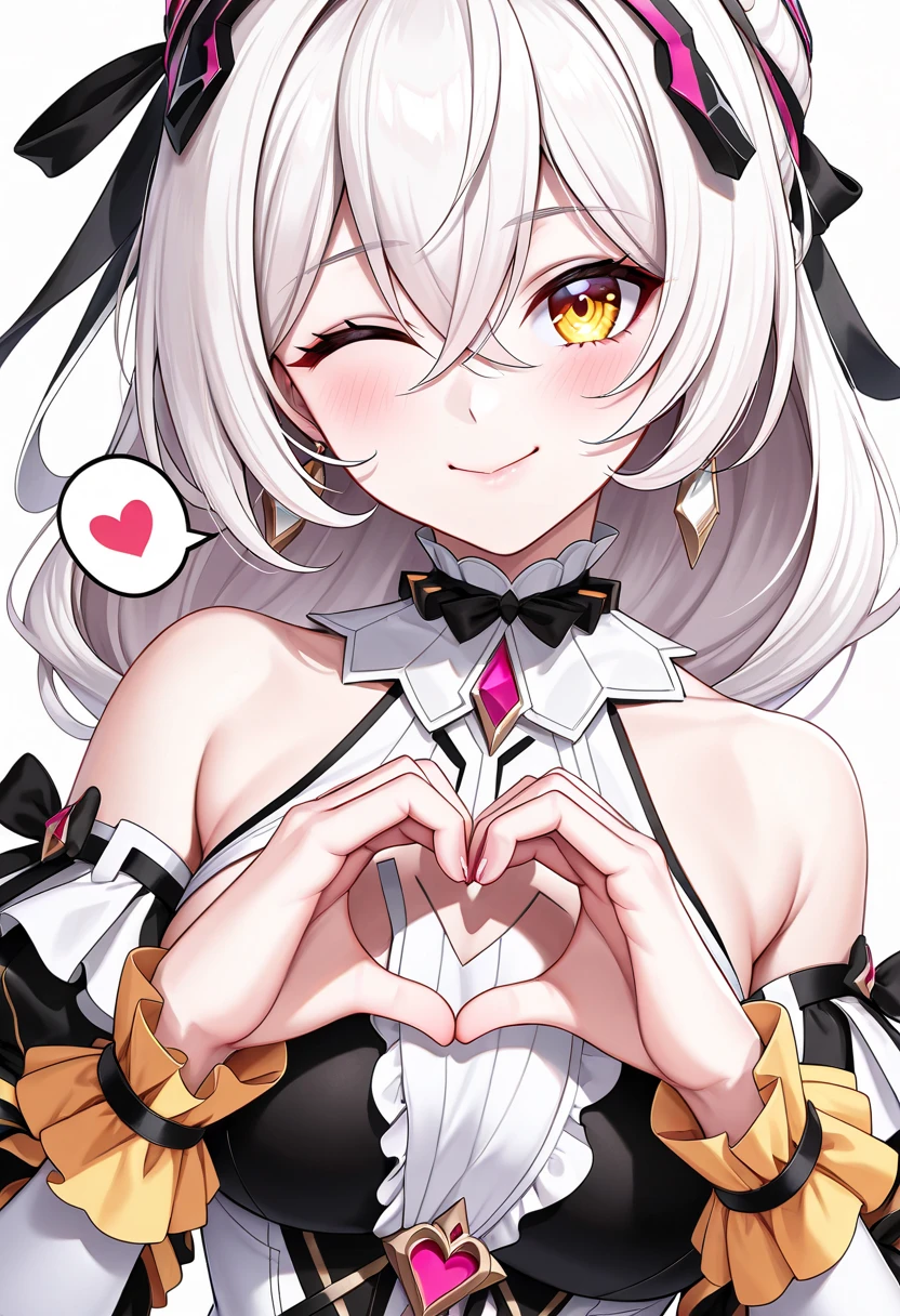 masterpiece, best quality, anatomy corrected,high detailed background, character focus, newest, absurdres:1.3,aesthetic,dramatic lighting,1girl, Theresa Apocalypse, honkai impact ,looking at viewer, wink, one eyes closed, little smile, heart hands,on breast, spoken heart, xeal, idol outfit