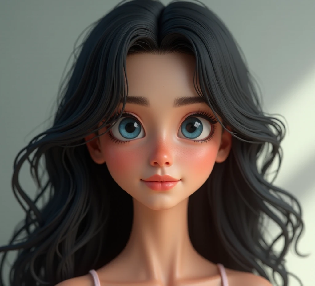 A stunning, 3d render of a female character, full body, soft lighting. She has long, wavy black hair with delicate strands framing her face. Her large, expressive blue eyes have a glossy, captivating look with detailed reflections. Her skin is flawless and fair with a soft blush, and a small, subtle beauty mark on her nose. whe's wearing a mini skirt, a mini top, sandals. Ultra-high detail, 8K resolution, cinematic rendering