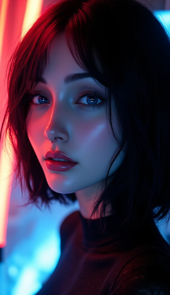 realistic close-up portrait, female silhouette, young woman in her 30s, short flowing black hair with red highlights, light, barely visible makeup, Dark blue eyes, realistic skin texture, Face lit with bright neon lights, red on one side, blue on the other, Game of shadows. beautiful light and shadows to match the character and the environment, shallow depth of field, bokeh,midjourneyv6.1, anie