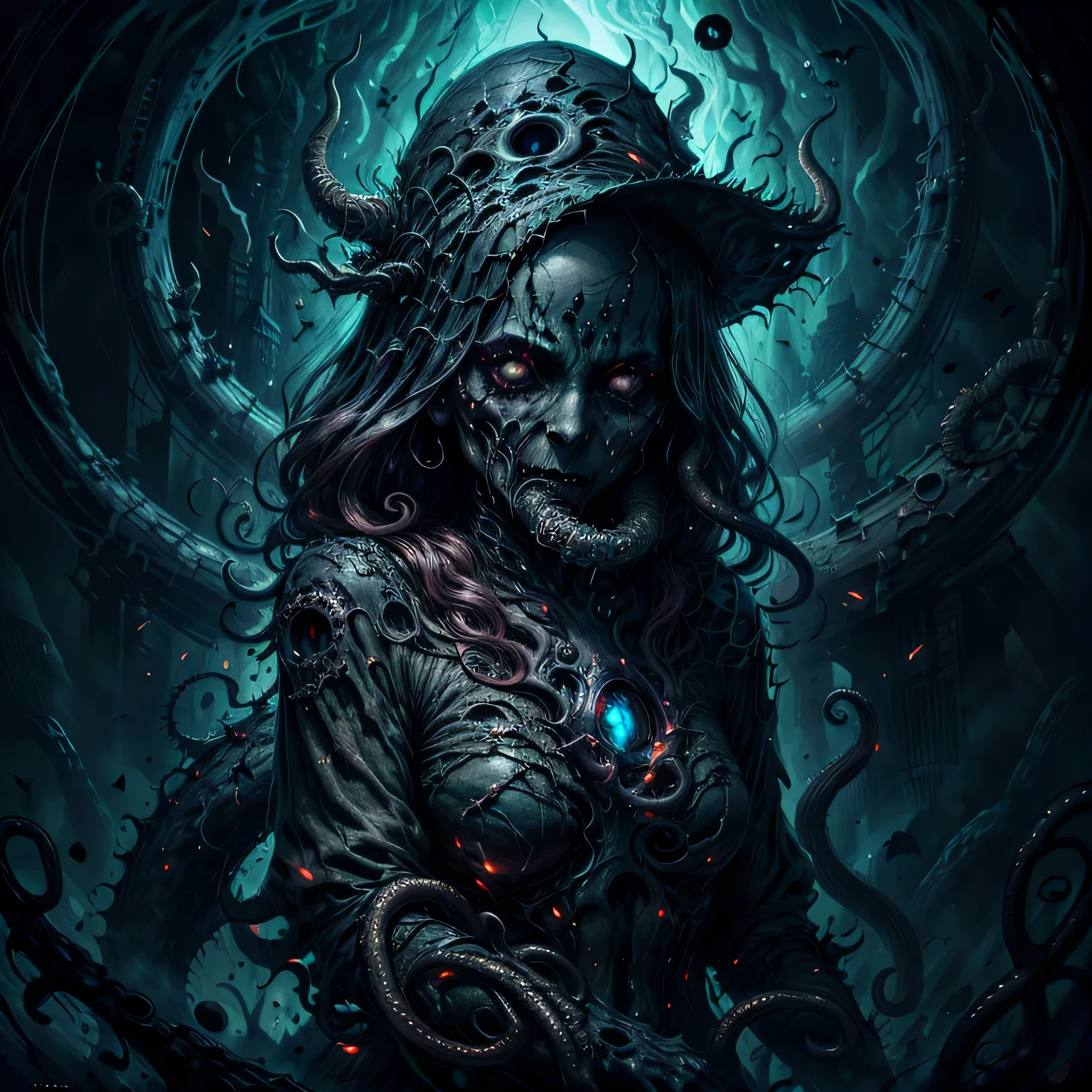Horror, spooky, frightening, secret terror, tentacles, vines, eyes, uncanny valley effect teeth, limbs, animals, plants, buildings