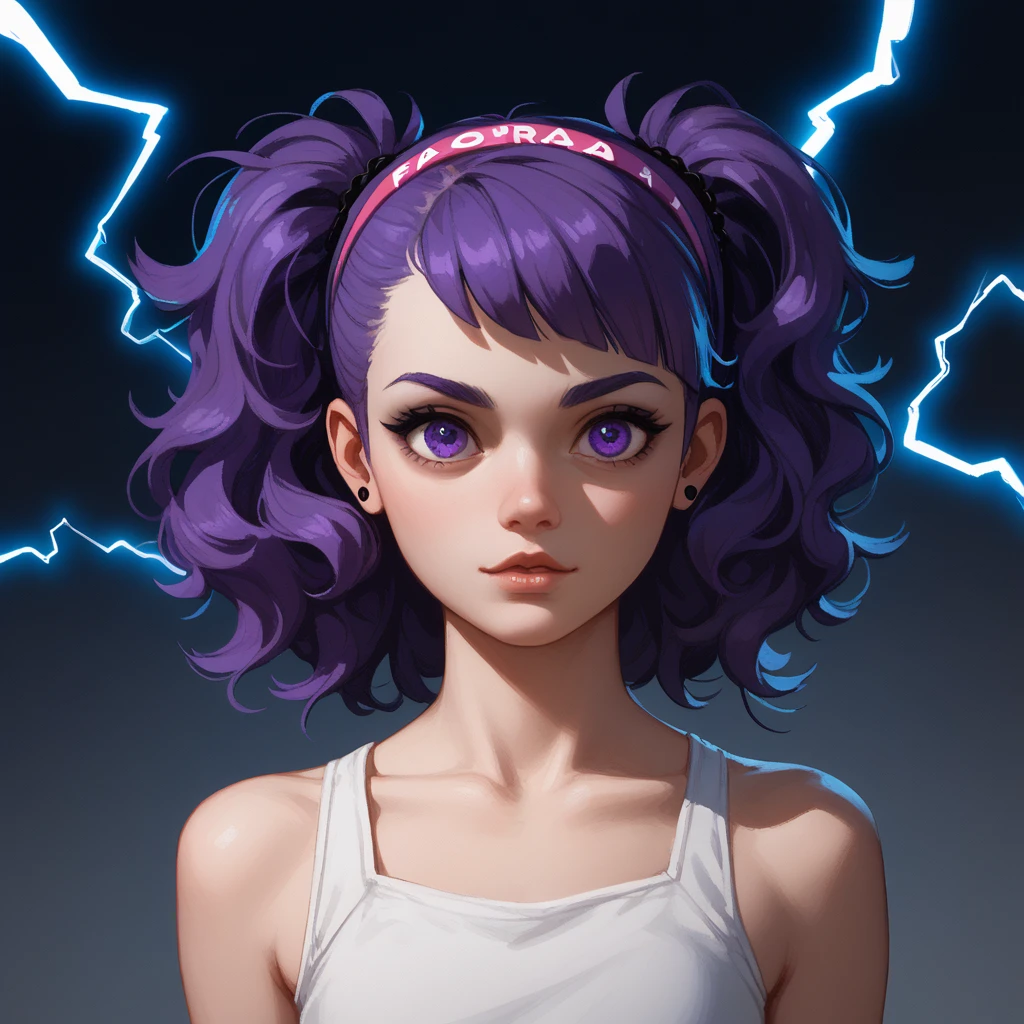 1 girl, , poorsdraws _styl3 , ( thick and striking lines ), ( flat colors ), (cel-shading ), ( flat shading with subtle gradient), (lightning), (warm tone),  manic hexagons ,  hair band,  messy hair ,  purple eyes,  purple hair ,  hair band morada, @ @,