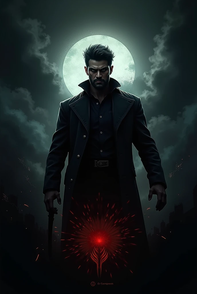 Generate a horror comic-style portrait of a boy with medium-short hair and a beard, wearing circular glasses, with half of his face covered in deep shadows that accentuate his eerie expression. He is wearing a visible hoodie with his arms crossed, projecting a moderately recognizable silhouette. The background features a dark, twisted forest with gnarled, leafless trees, illuminated by a slightly red moon casting eerie shadows, under a sky filled with swirling, menacing clouds. Ensure all elements are presented with a high level of detail to intensify the terrifying atmosphere.