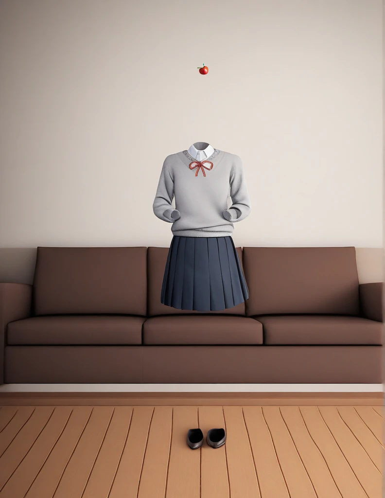 "An empty school uniform consisting of a light gray sweater with a white-collared shirt underneath long sleeves and a dark pleated skirt, standing upright in a cozy, modern living room. The room features wooden floors, a light-colored rug, and a couch with soft pillows in the background. There's also a bookshelf and a large painting of a cherry blossom tree on the wall, all contributing to a soft, peaceful atmosphere. The uniform appears headless, as if floating, with no person visible."