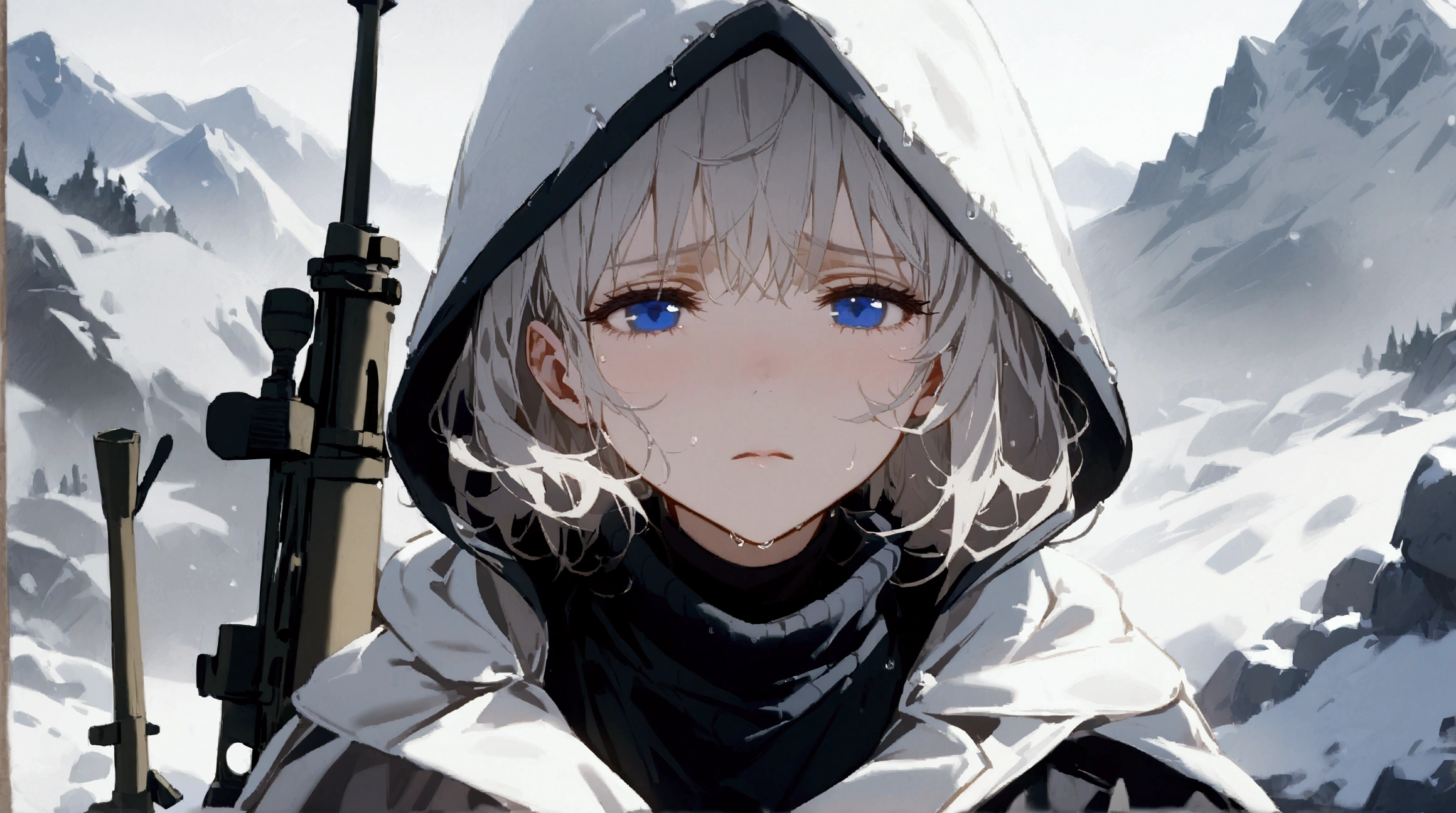 Girl with silver hair , with blue eyes ,  in a black turtleneck with open shoulders ,  in a warm raincoat white cape with a hood  , Behind him is a sniper rifle , sad look  ,  against the snowy mountains      