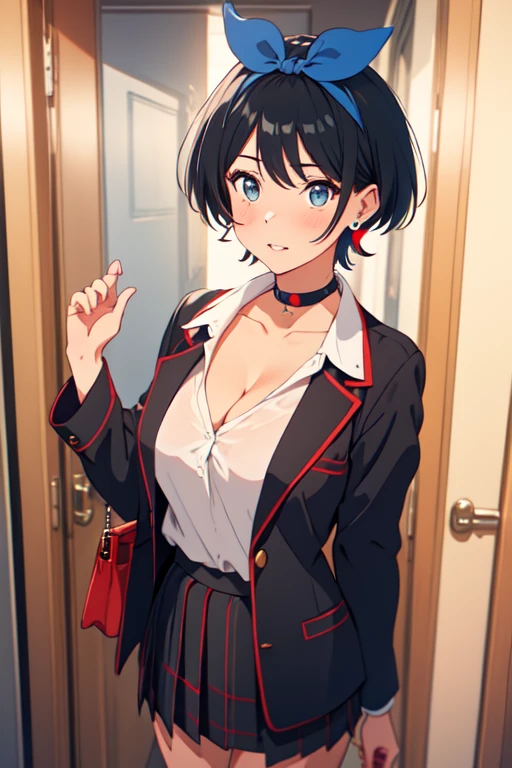 master piece, Best Quality, hight resolution, 16K, top-quality,  one girls, Break, wearing school uniform,  low-cut long-sleeved white shirt, black jacket, red tie, red pleated plaid skirt, (mature female:2.0), short hair, black hair, hair bow, blue eyes , earrings, black choker, shiny skin, medium breast, covered nipples, neckline, cleavage, in front of principal door of  school  