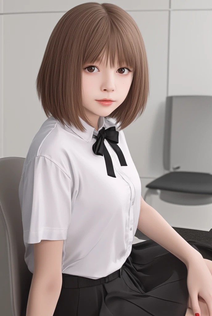 solo girl,  short-hair, looking at viewer, brown hair, shirt, bow, brown eyes, sitting, white shirt, short sleeves, skirt, indoors, bowtie, lips, black bow, chair, table, black bowtie, realistic, classroom ,high_resolution , 8k