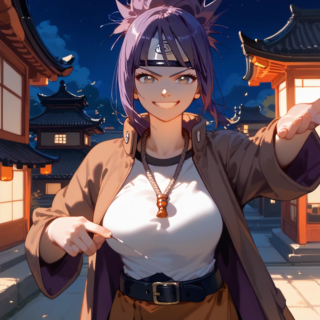 solo, 1 girl, , skirt, standing, smirk, night, east asian architecture background,, outdoors, long brown jacket, fishnets, belt, jewelry, necklace,brown eyes,solo, mitarashi anko, headband, forehead protector, necklace, belt, ponytail, purple hair, grey eyes,dark orange skirt, standing, evil grin,smirk, night,  purple hair, nice hands,